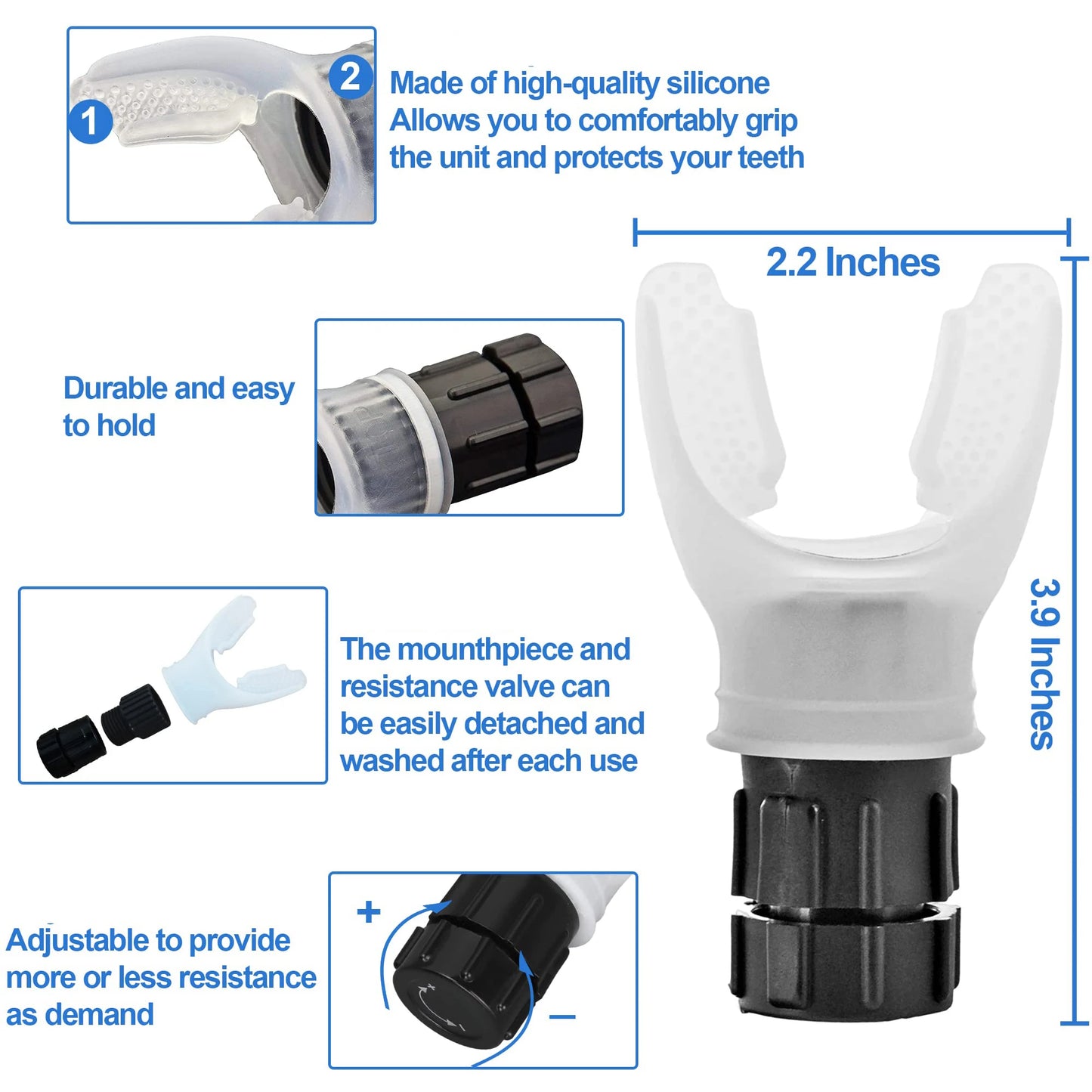 Lung Breathing Trainer – Portable Silicone Respiratory Muscle Exerciser with Adjustable Resistance Dial